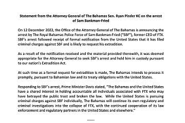 FTX创始人SBF已被巴哈马警方逮捕，美国可能会要求其引渡